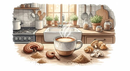 A cozy kitchen scene featuring a steaming cup of mushroom coffee. Various mushrooms and powders are scattered on the countertop, with plants in the background.