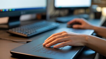 A person reads braille on a digital device, highlighting accessibility technology for visually impaired users in a modern workspace.