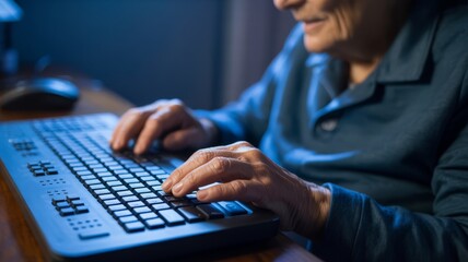 An elderly person typing on a keyboard in a dimly lit room, highlighting the use of technology by senior individuals.