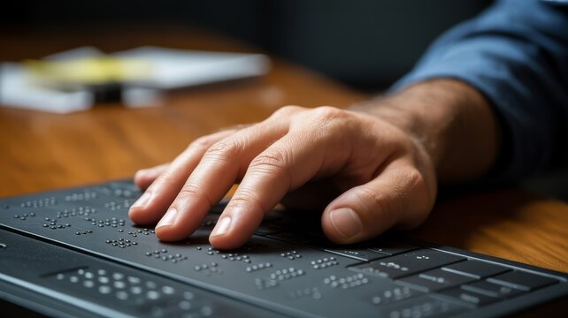 A person reads Braille on a tactile reading device, highlighting accessibility for the visually impaired.