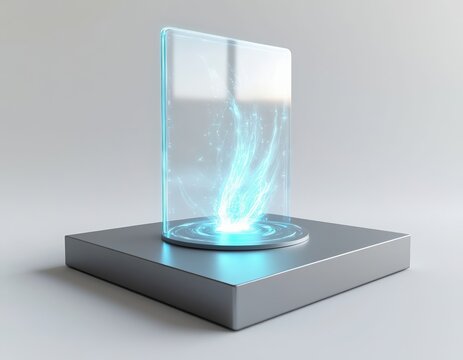  Futuristic platform with glowing holographic display. Clean 3D style.