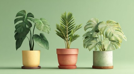 Obraz premium Three potted houseplants against a soft green background.