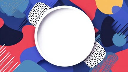 Abstract background design. Round frame with copy space on background with abstract geometric shapes pattern in Memphis style. Banner, poster template vector illustration, no logos, no brands