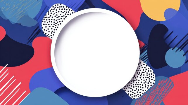 Abstract background design. Round frame with copy space on background with abstract geometric shapes pattern in Memphis style. Banner, poster template vector illustration, no logos, no brands