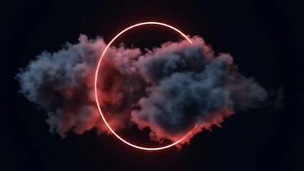 A dark image featuring a glowing red circle encompassing a cloud-like formation, against a black background. The cloud has reddish/gray hues