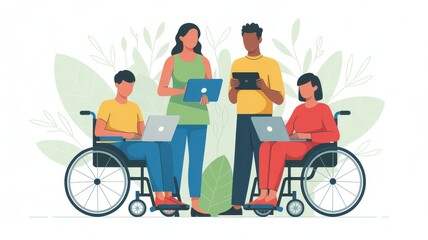 A diverse group of people, including two in wheelchairs, collaborate using laptops and tablets in an inclusive, nature-inspired setting.