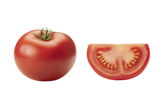 Whole and sliced tomato, vibrant red