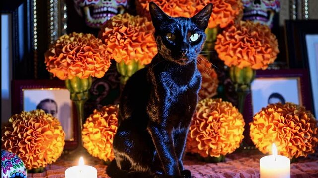 A black cat sitting beside a beautifully decorated home altar for the Day of the Dead. The ofrenda is adorned with candles, marigold flowers, sugar skulls, and framed photos of ancestors.