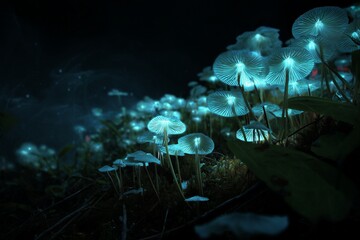 Surreal glowing spores suspended in dense forest darkness. Eerie and magical ambiance with deep shadows and autumn tones. Halloween background concept