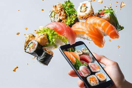 Hand holds phone showing sushi platter with hovering pieces, culinary photography