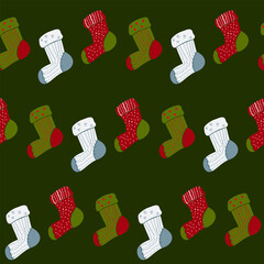 Seamless vector pattern of assorted cozy knitted socks in traditional Christmas colors of red, green, and white. Ideal for Christmas gift wrap, holiday decor, and winter textiles.
