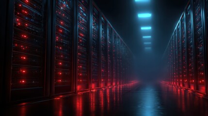 Server rack with blinking red lights in a dark data center. Futuristic blue lighting illuminates rows of computer hardware. Focus on technology, cybersecurity, and system vulnerability.
