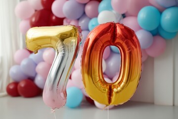Colorful balloons in the shape of the number 70 for a significant birthday at a festive event