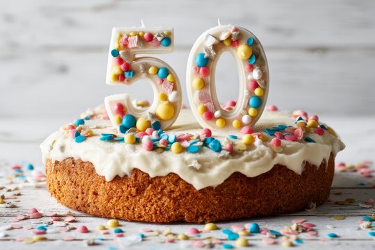 Celebration with a delicious cake adorned with colorful sprinkles and candles for a 50th birthday party