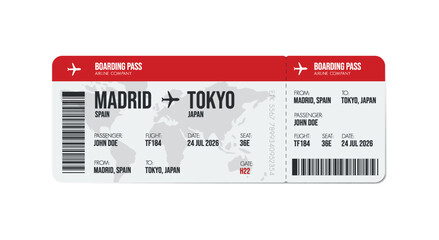 Airline ticket design. Airplane boarding pass with passenger name and destination. Travel, trip or business trip concept.