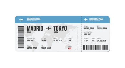 Airline ticket design. Airplane boarding pass with passenger name and destination. Travel, trip or business trip concept.