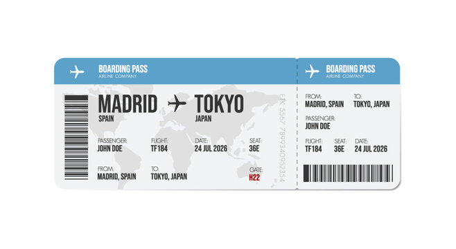 Airline ticket design. Airplane boarding pass with passenger name and destination. Travel, trip or business trip concept.