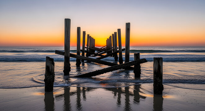 Golden Hour Serenity: Weathered Wooden Pier Remnants on a Tranquil Ocean Beach at Sunrise or Sunset - Powered by Adobe