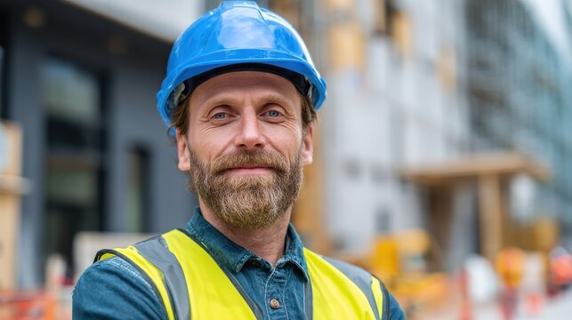 Successful male architect at building site looking at camera. Confident construction manager wearing blue helmet and yellow safety vest with copy space. Portrait of successful mature civil engineer., - Powered by Adobe