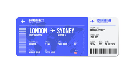 Airline ticket design. Airplane boarding pass with passenger name and destination. Travel, trip or business trip concept.