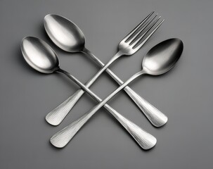 Stainless Steel Cutlery Set with One Spoon and Three Forks Arranged in X Shape on White Background – Minimalist Kitchen Concept