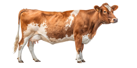 A brown and white cow standing in a field with a side profile view isolated on transparent background