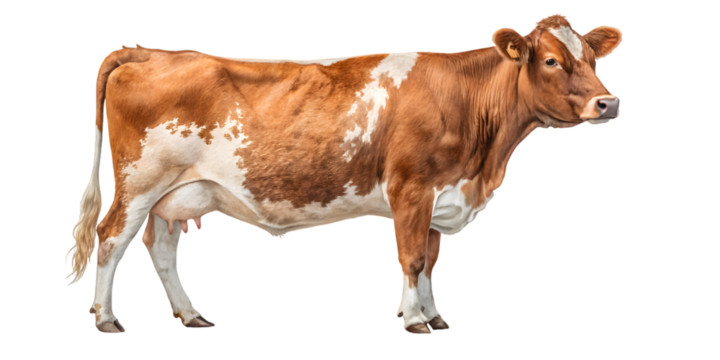 A brown and white cow standing in a field with a side profile view isolated on transparent background