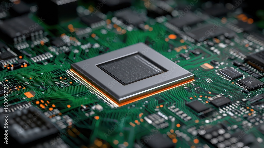 Poster close-up of a cpu with microcircuits in the background.