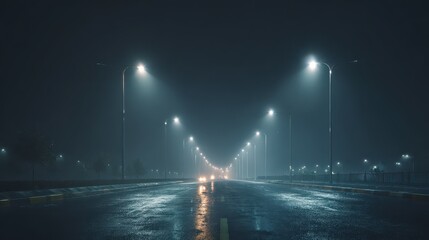 A nighttime asphalt road is illuminated by glowing streetlights, vanishing into a hazy horizon