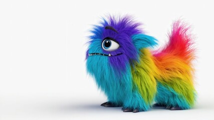 Naklejka premium Colorful furry rainbow monster standing on white background