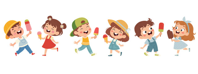 Cute happy boys and girls with ice cream. Children eating ice cream. Summer vacation, joy, relaxation. Cartoon vector illustration on white background