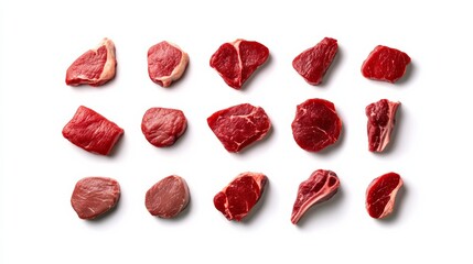 assortment of fresh red meat cuts isolated on white background, professional butcher style
