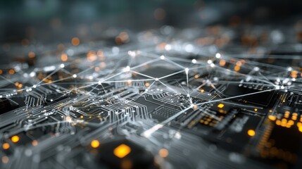 The image depicts an abstract digital circuit board with a network overlay, suggesting connectivity and technological innovation