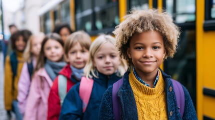 Fototapeta premium Group of children lining up for school bus on a chilly morning in an urban neighborhood during autumn