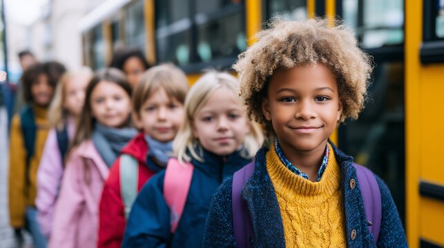 Group of children lining up for school bus on a chilly morning in an urban neighborhood during autumn