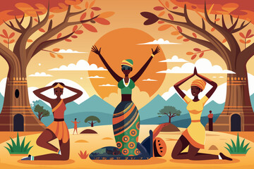 Celebration of cultural heritage with traditional dance under a vibrant sunset in an African landscape