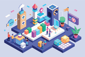Obraz premium Creative workspace with diverse people collaborating on innovative designs and projects in a colorful digital environment