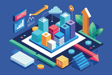 Obraz premium Modern abstract illustration of a cityscape with growth indicators and data analysis charts