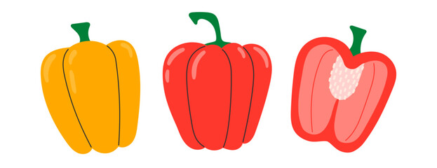 Sweet red and yellow bell peppers. Vegetable icon. Healthy vegetarian food. Hand drawn flat vector illustration isolated on white background