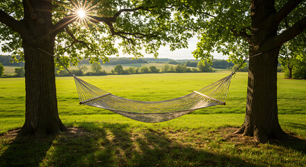 Hammock strung between two trees in a lush green field, illuminated by sunlight and framed by foliage.