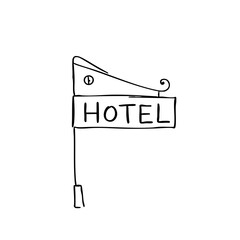 Simple line sketch of a hotel sign with a decorative design  