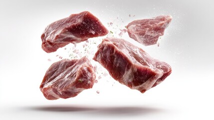 Obraz premium Delicious raw pork neck steaks, ready for grilling, flying in air on white