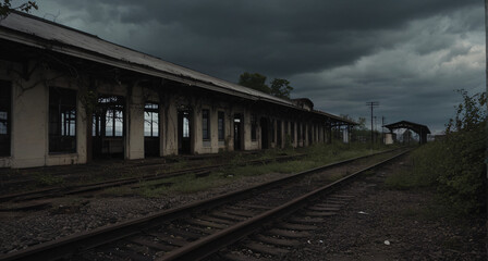 Fototapeta premium abandoned railway station under dark overcast sky