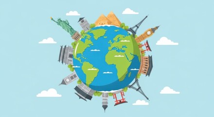 Fototapeta premium A stylized illustration of the earth with famous global landmarks encircling it against a clear blue sky with scattered clouds