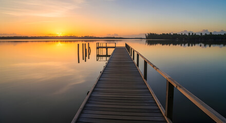 Fototapeta premium Golden Hour Serenity: Wooden Pier Stretching into Calm Water with Vibrant Sunset Reflections
