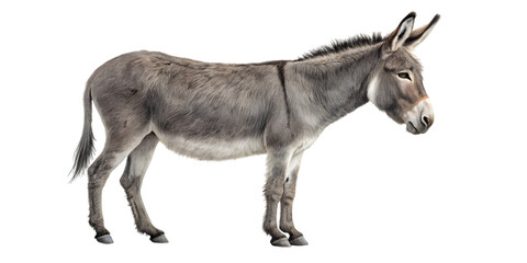Obraz premium A gray donkey stands in profile against looking to the right of the frame on transparent background