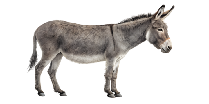 A gray donkey stands in profile against looking to the right of the frame on transparent background
