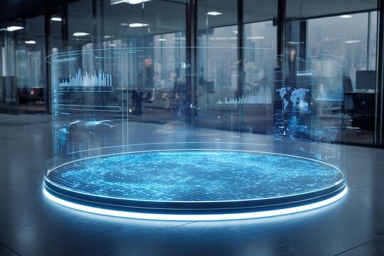 In a modern corporate office, a holographic interface presents 3D data and charts, illuminating the space with advanced technology. Colleagues analyze metrics and projections