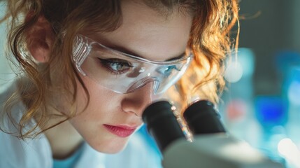 Young woman medical researcher looking through microscop slide in the life science (forensics, microbiology, biochemistry, genetics, oncology) laboratory. Medicine concept. , no logos, no brands