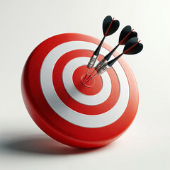 3D red and white target with three darts in the center on a white background